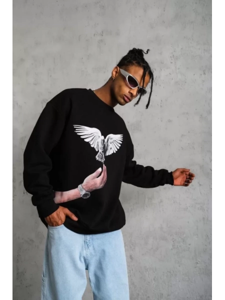 Erkek Güvercin Baskılı Sweatshirt - Siyah
