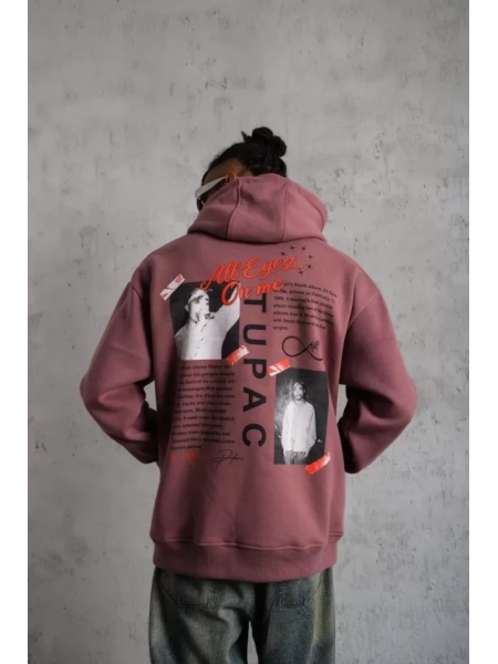 Erkek Ön Arka Baskılı Kapşonlu Sweat - Gül Kurusu
