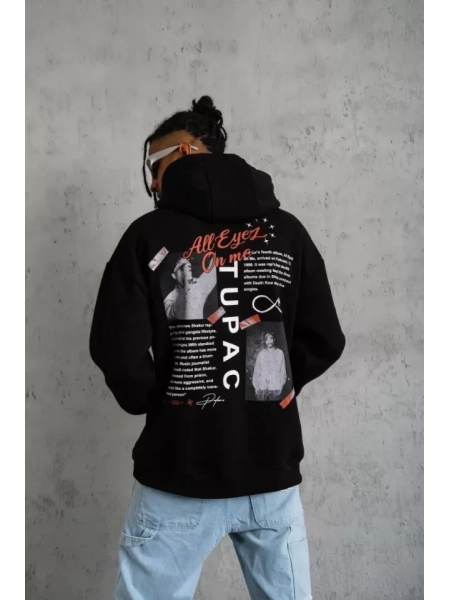 Erkek Ön Arka Baskılı Kapşonlu Sweat - Siyah