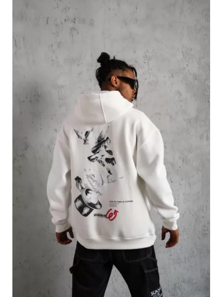Erkek Şapkalı Güvercin Baskılı Kapşonlu Sweat - Beyaz
