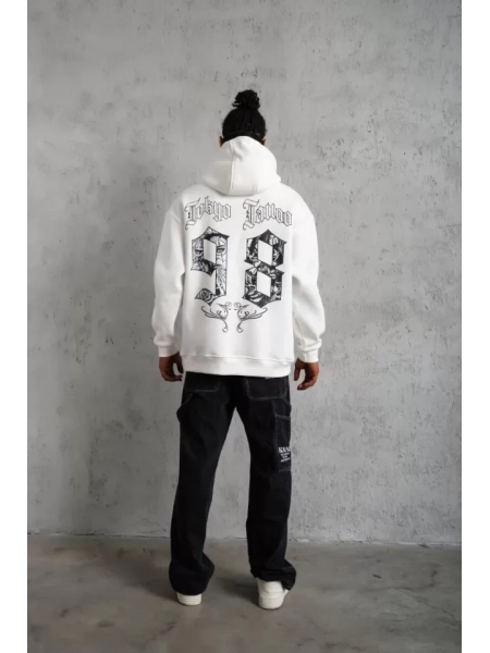 Erkek 98 Baskılı Kapşonlu Sweat - Beyaz