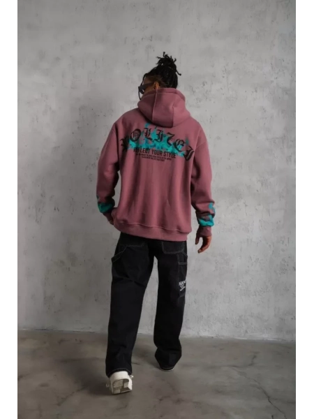 Erkek Üç İplik Içi Pamuklu Alev Baskılı Kapüşonlu Sweatshirt - Gül Kurusu