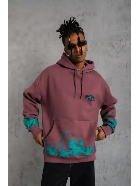 Erkek Üç İplik Içi Pamuklu Alev Baskılı Kapüşonlu Sweatshirt - Gül Kurusu