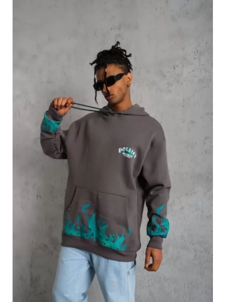 Erkek Üç İplik İçi Pamuklu Alev Baskılı Kapüşonlu Sweatshirt - Gri