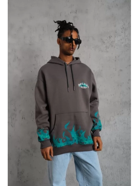 Erkek Üç İplik İçi Pamuklu Alev Baskılı Kapüşonlu Sweatshirt - Gri