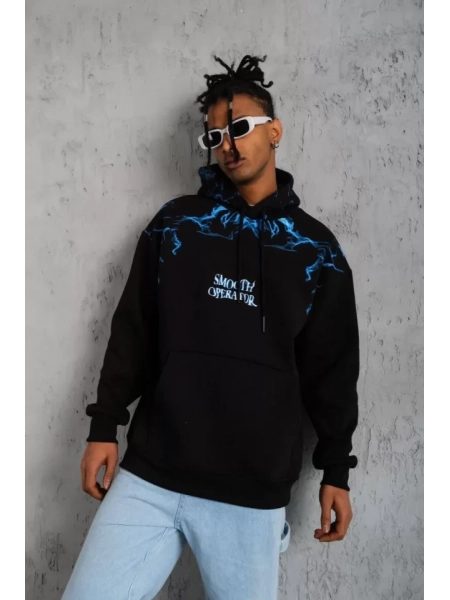 Erkek Yıldırım Baskılı Kapşonlu Sweat - Siyah