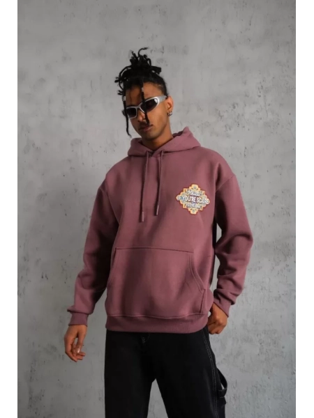 Erkek Kilim Desen Kapüşonlu Sweat - Gül Kurusu