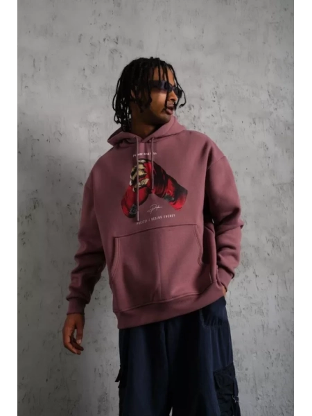 Erkek Eldiven Baskılı Kapüşonlu Sweat - Gül Kurusu