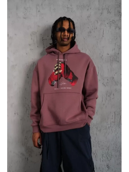 Erkek Eldiven Baskılı Kapüşonlu Sweat - Gül Kurusu