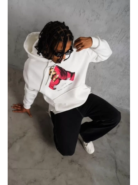 Erkek Eldiven Baskılı Kapüşonlu Sweat - Beyaz