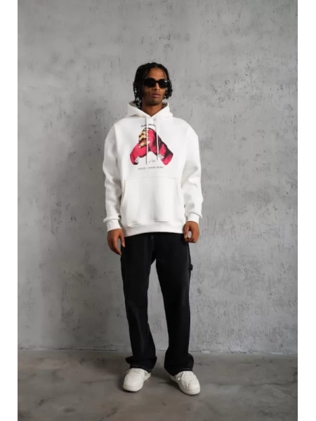 Erkek Eldiven Baskılı Kapüşonlu Sweat - Beyaz