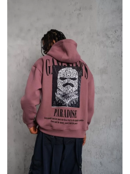 Erkek Paradise Baskılı Kapüşonlu Sweat - Gül Kurusu