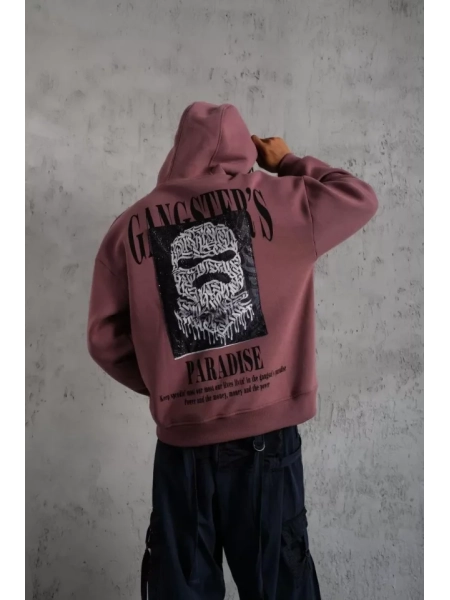 Erkek Paradise Baskılı Kapüşonlu Sweat - Gül Kurusu