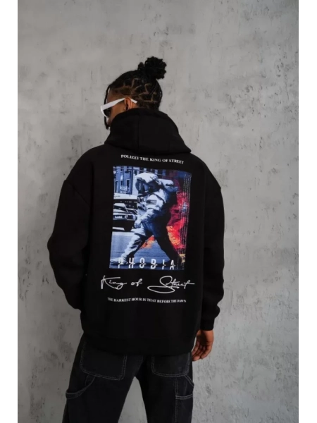 Erkek Astronot Baskılı Kapüşonlu Sweat - Siyah