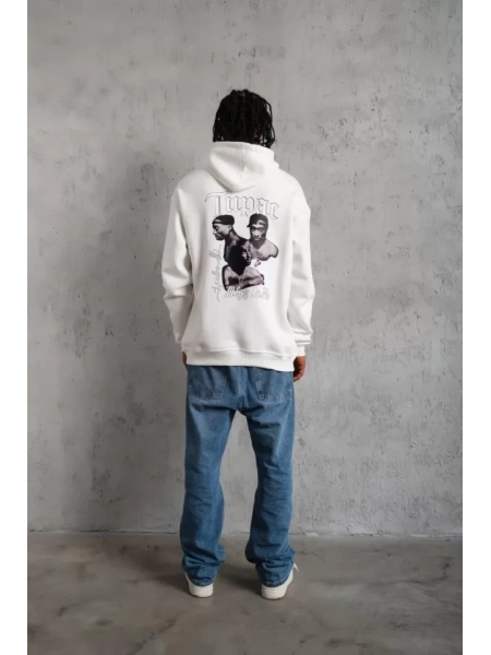 Erkek Kol Ve Etek Ribana Baskılı Kapüşonlu Sweat - Beyaz