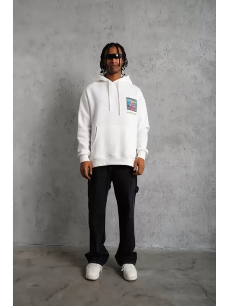 Erkek Patel Six Baskılı Kapüşonlu Sweat - Beyaz