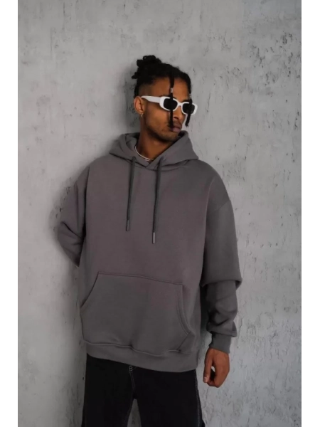 Erkek Düz Kapüşonlu Sweat - Gri