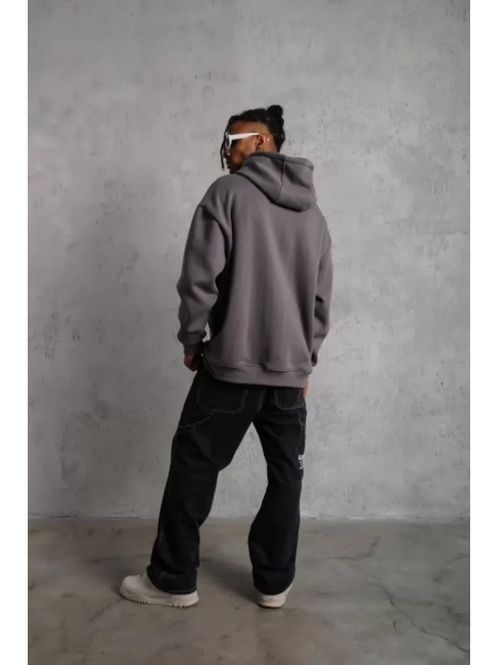 Erkek Düz Kapüşonlu Sweat - Gri