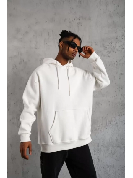 Erkek Düz Kapüşonlu Sweat - Beyaz