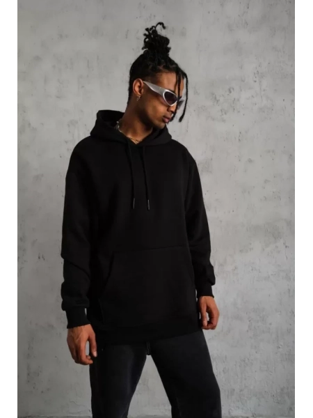 Erkek Düz Kapüşonlu Sweat - Siyah