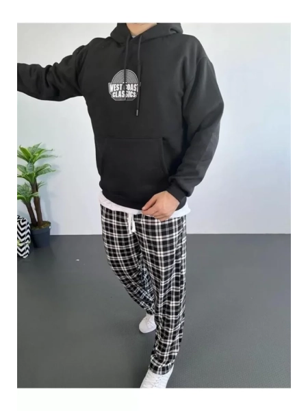 Erkek Sırt Baskılı Kapüşonlu Üç İplik Oversize Sweatshirt - Siyah