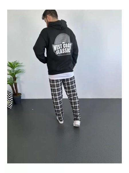 Erkek Sırt Baskılı Kapüşonlu Üç İplik Oversize Sweatshirt - Siyah