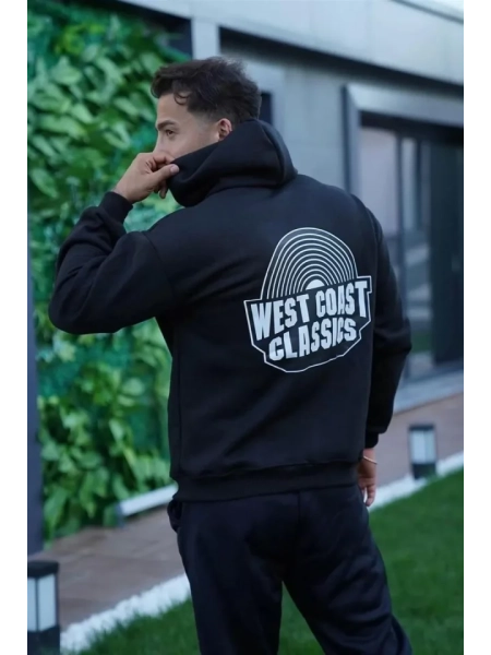 Erkek Sırt Baskılı Kapüşonlu Üç İplik Oversize Sweatshirt - Siyah