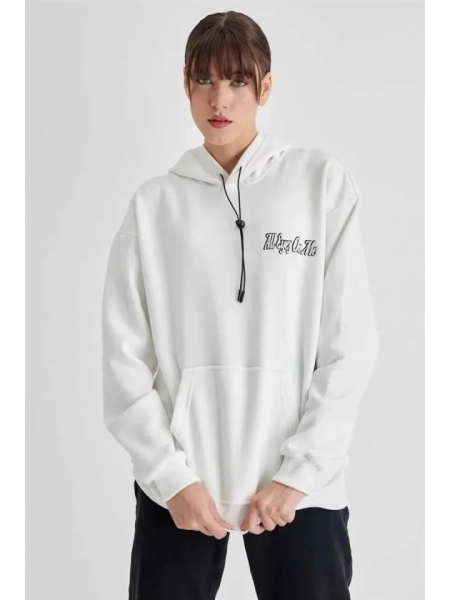 Kapüşonlu Sırt Baskılı Üç İplik Oversize Sweatshirt - Beyaz