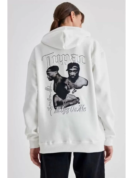 Kapüşonlu Sırt Baskılı Üç İplik Oversize Sweatshirt - Beyaz