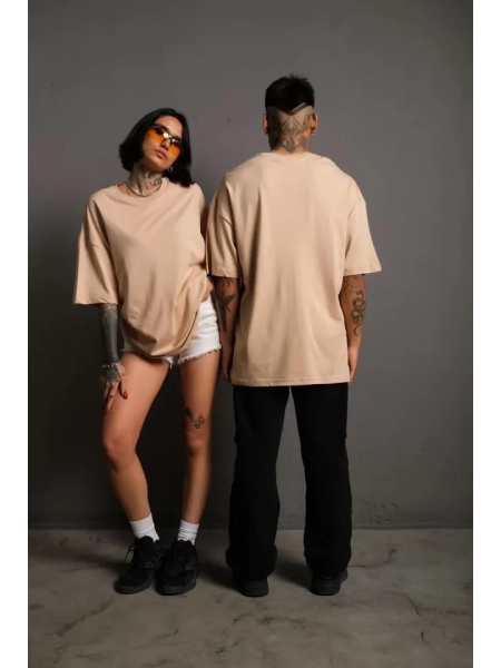 Erkek 24/1 Düz A Kalite Oversize T-shirt - Bej
