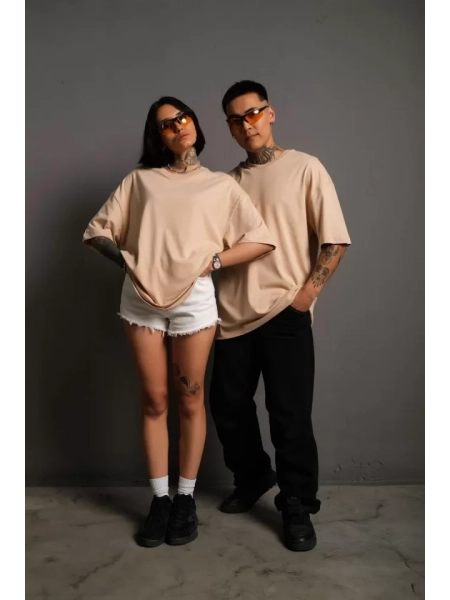 Erkek 24/1 Düz A Kalite Oversize T-shirt - Bej