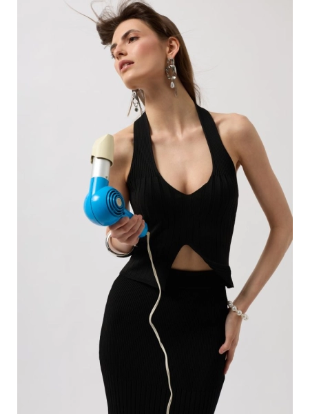 V Detay Dokulu Crop Bluz