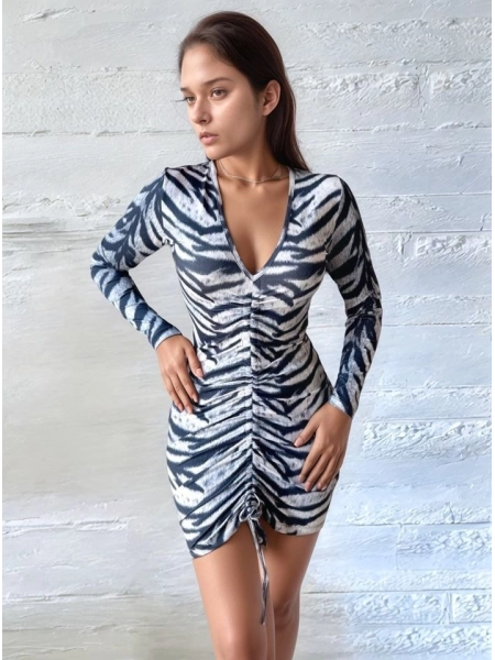 Kadın V Yaka önü Asansör Büzgü Detay Fırsat ürün Zebra Mini Elbise