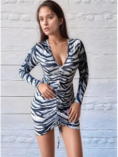 Kadın V Yaka önü Asansör Büzgü Detay Fırsat ürün Zebra Mini Elbise