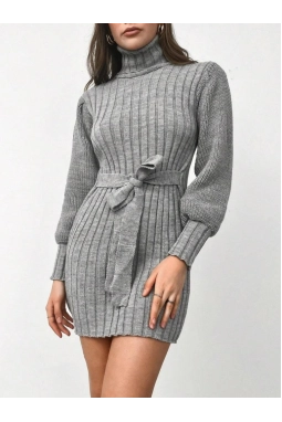 Kadın Uzun Kollu Balıkçı Yaka Beli Kuşaklı Mini Triko Elbise