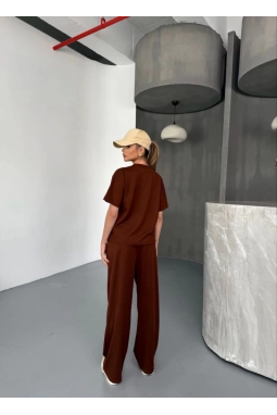 Osy Modal Yumuşak Dokulu Kumaş Kısa Kollu Bluz Rahat Pantalon Ikili Takım- Kahverengi
