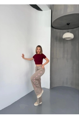 Osy Modal Yumuşak Dokulu Kumaş Nakış Işlemeli Rahat Bol Paça Eşofman Pantalon - Bej