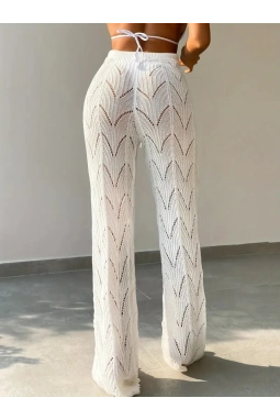 Kadın Yüksek Bel Bağcıklı Desenli Triko Plaj Pantolon