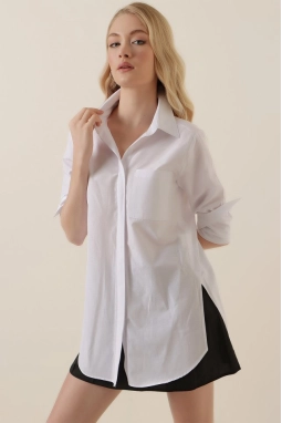 3879 Oversize Cepli Gömlek - Beyaz