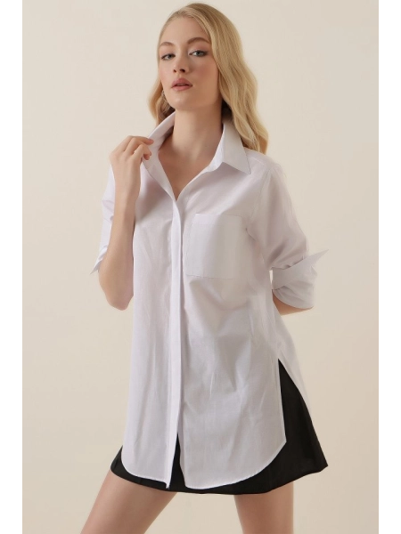3879 Oversize Cepli Gömlek - Beyaz