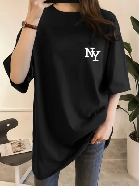 Baskılı Oversize Bisiklet Yaka T-shirt - Siyah