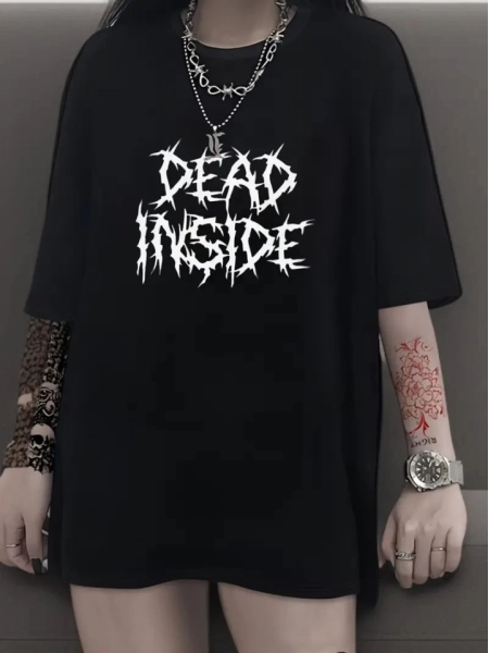 Baskılı Oversize Bisiklet Yaka T-shirt - Siyah