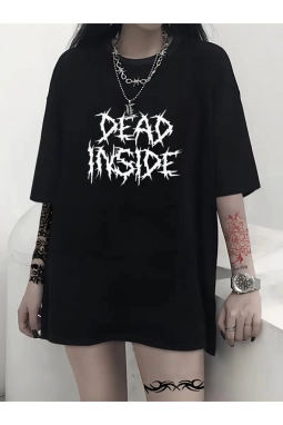 Baskılı Oversize Bisiklet Yaka T-shirt - Siyah