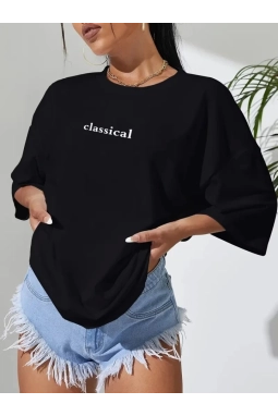 Baskılı Oversize Bisiklet Yaka T-shirt - Siyah