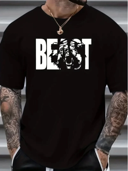 Baskılı Oversize Bisiklet Yaka T-shirt - Siyah