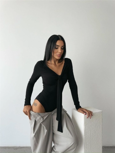SANDY BODYSUİT ÖNDEN BAĞLAMA DETAYLI - Siyah
