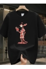 Baskılı Oversize Bisiklet Yaka T-shirt - Siyah