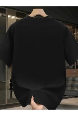 Baskılı Oversize Bisiklet Yaka T-shirt - Siyah