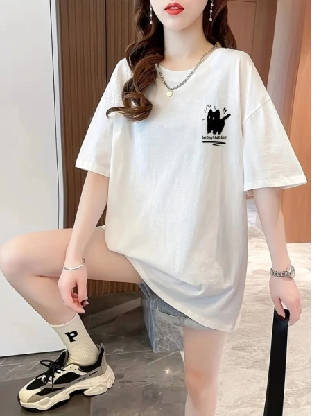 Baskılı Oversize Bisiklet Yaka T-shirt - Beyaz