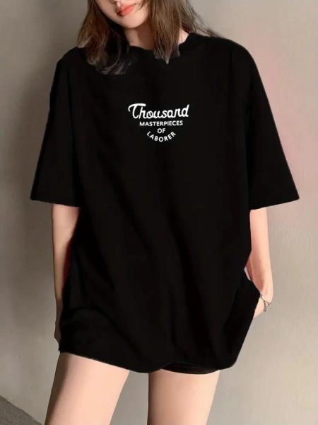 Thousand Baskılı Oversize Bisiklet Yaka T-shirt - Siyah